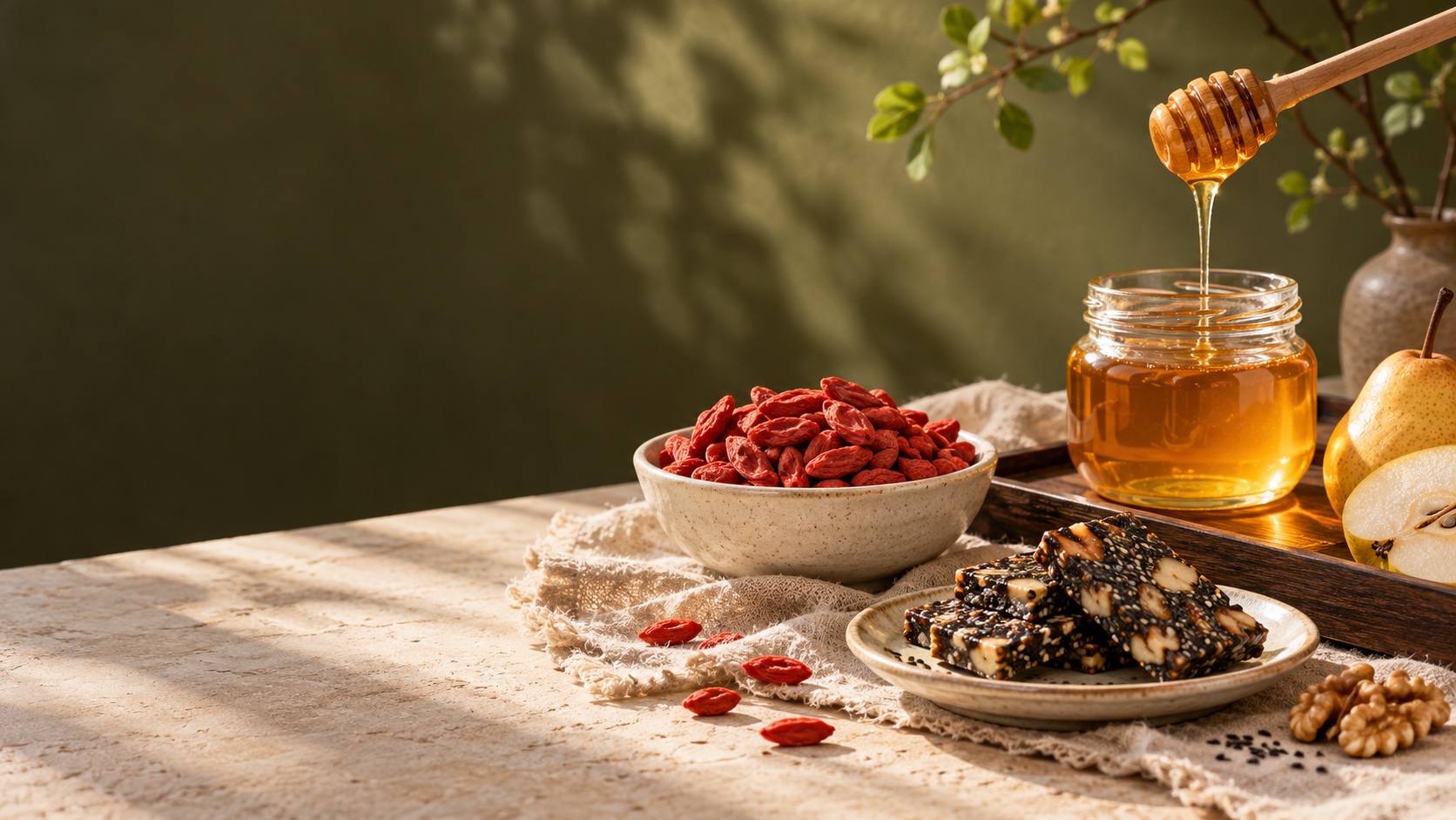 自然光下的蜂蜜、枸杞与芝麻糕食材静物，生成示意图